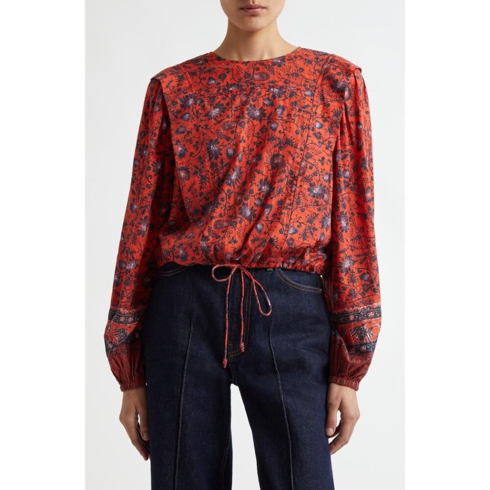NWOT ULLA JOHNSON Prisha Drawstring Hem poppy Cotton Blend Top shirt size 2